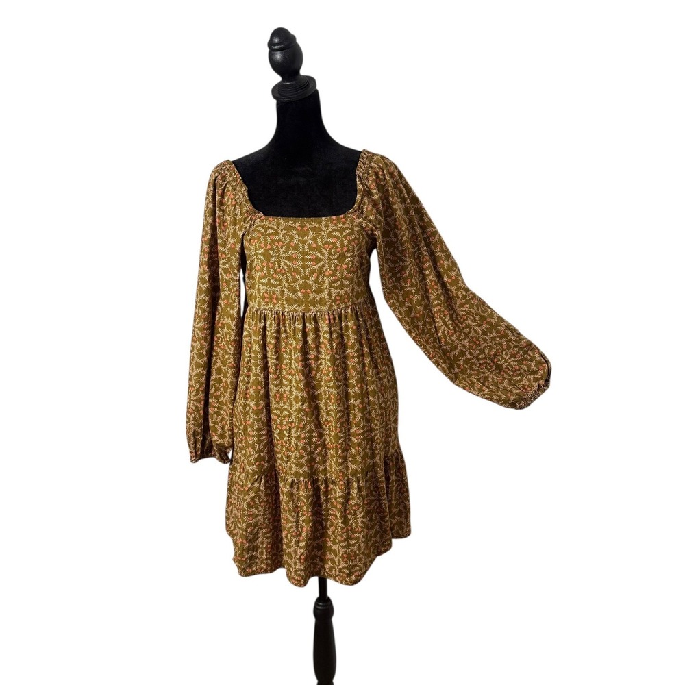 Cottagecore Smocked Floral Peasant Mini Dress Long Balloon Sleeve Tiered Size XS